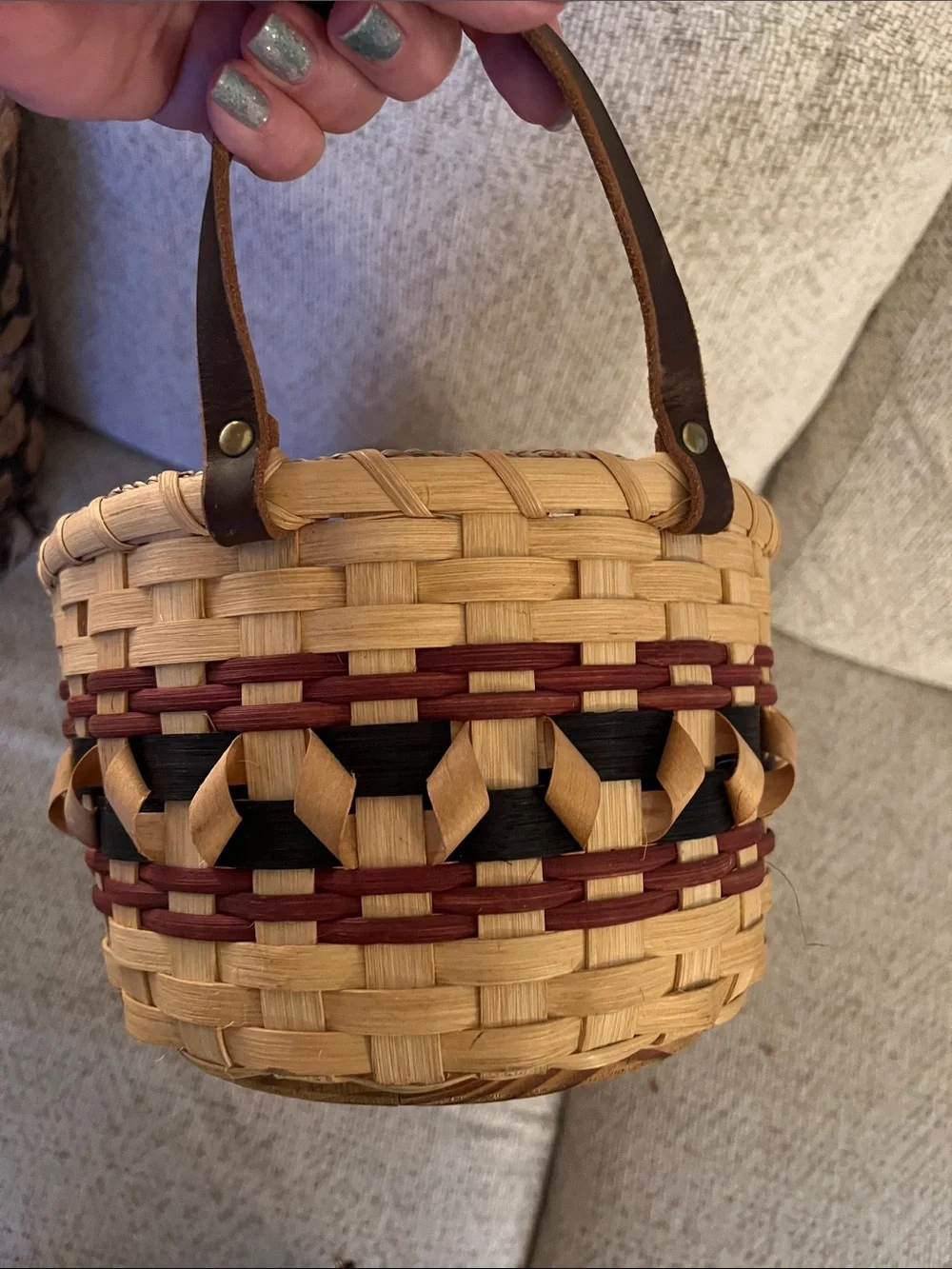 Handwoven Oval Basket with Leather Handles - Natural & Dark Brown